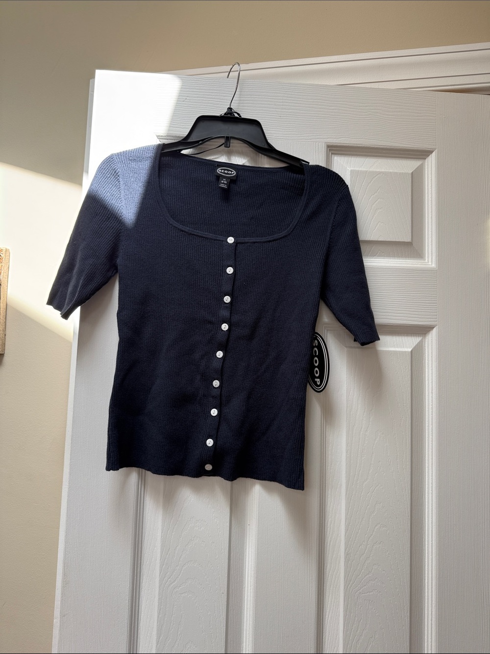 Scoop Navy Short-Sleeve Button-Front Knit Top